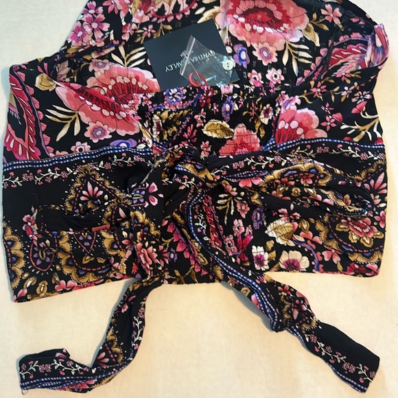 Cynthia Rowley Medium Top Floral Black Halter Smocked Back Wrap Belted NWT - Picture 5 of 7